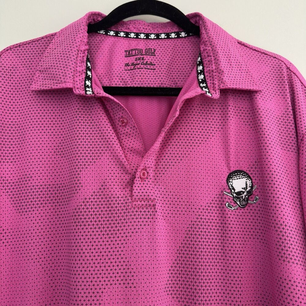 Tattoo Golf Performance Polo Shirt Men's 2XL Pink Camo Skull Crossbones Golfcore